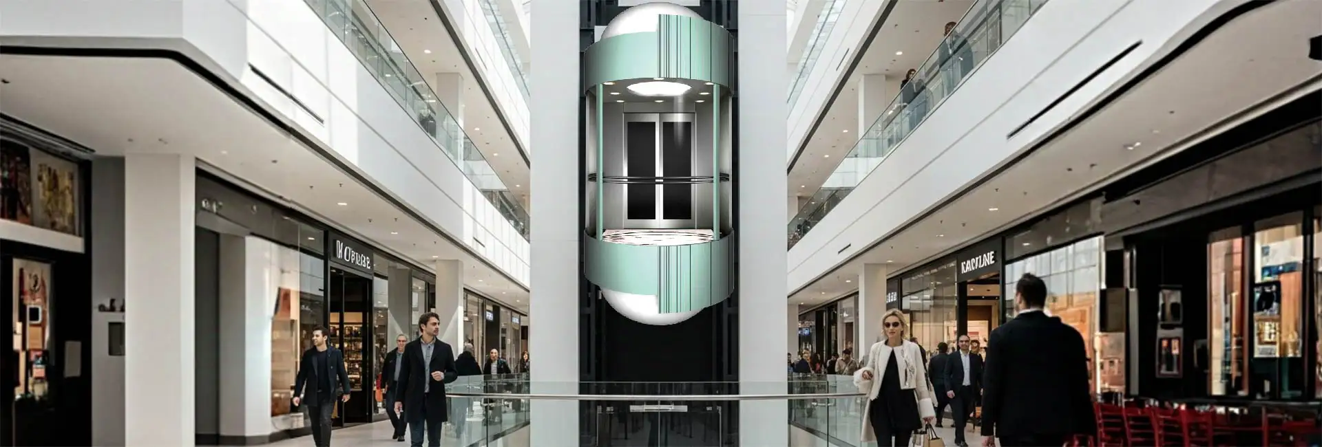 A Capsule lift is running in a shopping mall